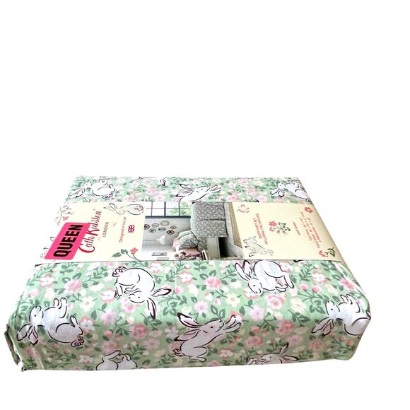 Cath Kidston london JUMPING BUNNIES GREEN Floral 4pc QUEEN Sheet Set NEW - Picture 8 of 10